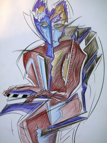 Bernard PEYROLES Crayons Le musicien au piano