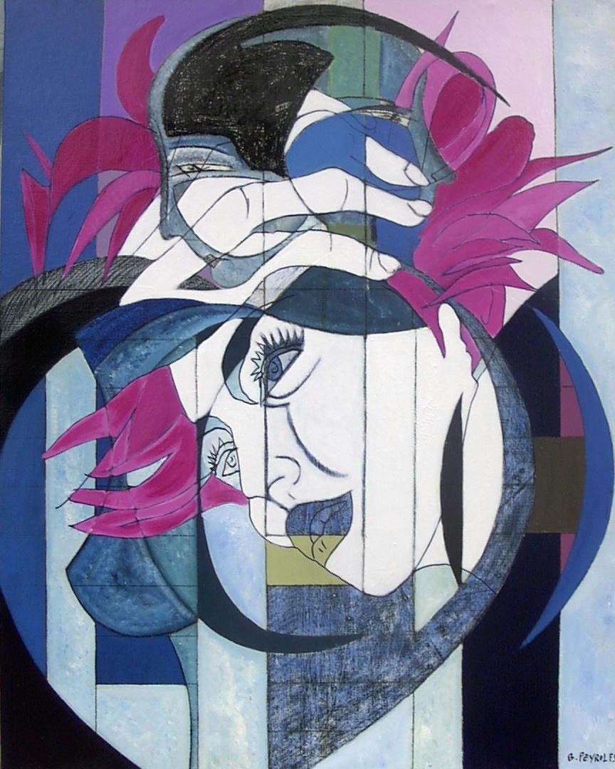 Peinture de Bernard Peyroles représentant un visage plein de pensées poétiques avec des bleus .