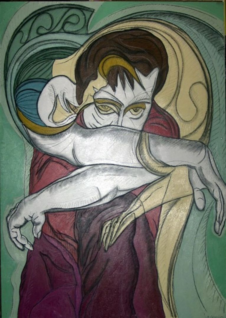 Peinture de Bernard Peyroles représentant un homme dans la réflexion avec des couleurs vibrantes